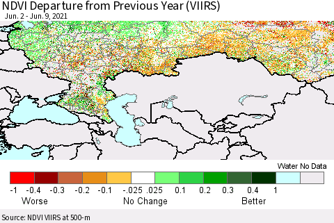 Russian Federation NDVI Departure from Previous Year (VIIRS) Thematic Map For 6/2/2021 - 6/9/2021