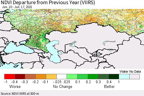 Russian Federation NDVI Departure from Previous Year (VIIRS) Thematic Map For 6/10/2021 - 6/17/2021