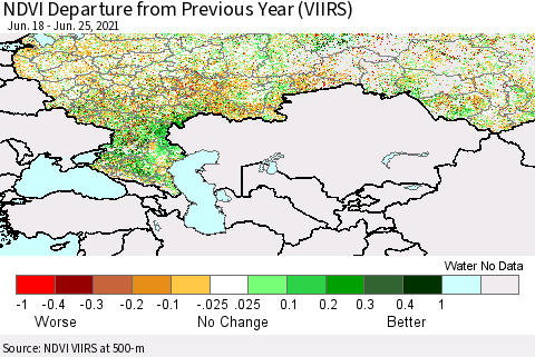 Russian Federation NDVI Departure from Previous Year (VIIRS) Thematic Map For 6/18/2021 - 6/25/2021