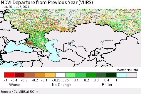 Russian Federation NDVI Departure from Previous Year (VIIRS) Thematic Map For 6/26/2021 - 7/3/2021