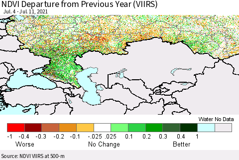 Russian Federation NDVI Departure from Previous Year (VIIRS) Thematic Map For 7/4/2021 - 7/11/2021