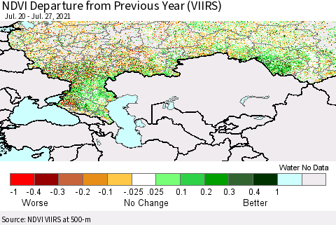 Russian Federation NDVI Departure from Previous Year (VIIRS) Thematic Map For 7/20/2021 - 7/27/2021