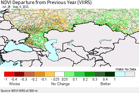 Russian Federation NDVI Departure from Previous Year (VIIRS) Thematic Map For 7/28/2021 - 8/4/2021