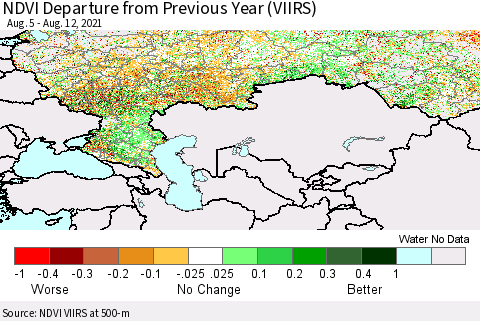 Russian Federation NDVI Departure from Previous Year (VIIRS) Thematic Map For 8/5/2021 - 8/12/2021