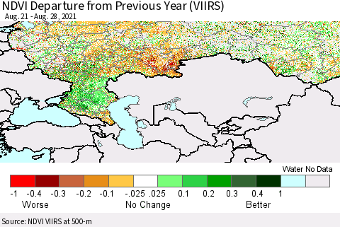 Russian Federation NDVI Departure from Previous Year (VIIRS) Thematic Map For 8/21/2021 - 8/28/2021