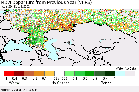 Russian Federation NDVI Departure from Previous Year (VIIRS) Thematic Map For 8/29/2021 - 9/5/2021