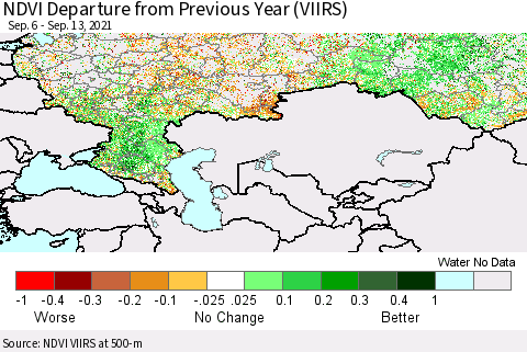 Russian Federation NDVI Departure from Previous Year (VIIRS) Thematic Map For 9/6/2021 - 9/13/2021
