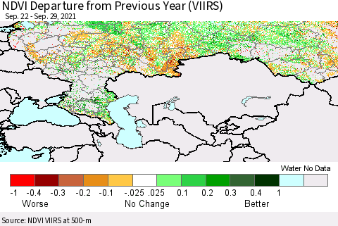 Russian Federation NDVI Departure from Previous Year (VIIRS) Thematic Map For 9/22/2021 - 9/29/2021
