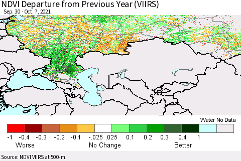 Russian Federation NDVI Departure from Previous Year (VIIRS) Thematic Map For 9/30/2021 - 10/7/2021
