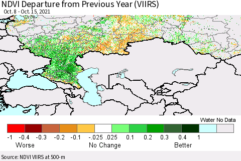 Russian Federation NDVI Departure from Previous Year (VIIRS) Thematic Map For 10/8/2021 - 10/15/2021