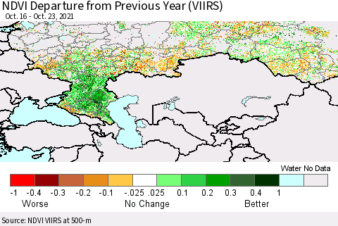 Russian Federation NDVI Departure from Previous Year (VIIRS) Thematic Map For 10/16/2021 - 10/23/2021
