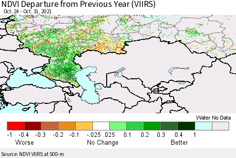 Russian Federation NDVI Departure from Previous Year (VIIRS) Thematic Map For 10/24/2021 - 10/31/2021