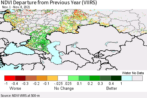 Russian Federation NDVI Departure from Previous Year (VIIRS) Thematic Map For 11/1/2021 - 11/8/2021