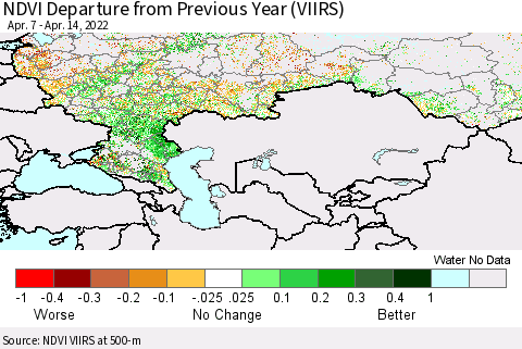 Russian Federation NDVI Departure from Previous Year (VIIRS) Thematic Map For 4/7/2022 - 4/14/2022