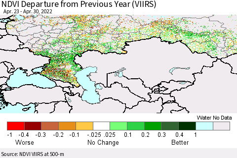 Russian Federation NDVI Departure from Previous Year (VIIRS) Thematic Map For 4/23/2022 - 4/30/2022