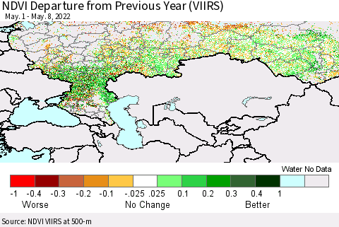 Russian Federation NDVI Departure from Previous Year (VIIRS) Thematic Map For 5/1/2022 - 5/8/2022