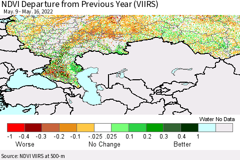 Russian Federation NDVI Departure from Previous Year (VIIRS) Thematic Map For 5/9/2022 - 5/16/2022
