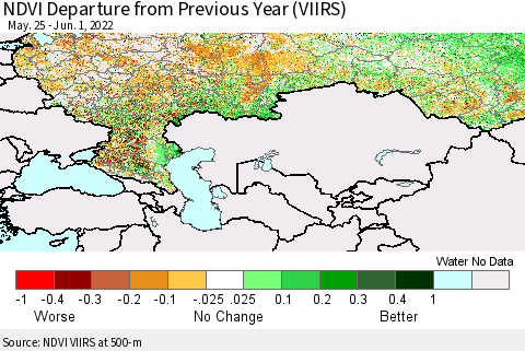 Russian Federation NDVI Departure from Previous Year (VIIRS) Thematic Map For 5/25/2022 - 6/1/2022