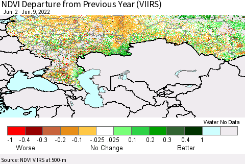 Russian Federation NDVI Departure from Previous Year (VIIRS) Thematic Map For 6/2/2022 - 6/9/2022