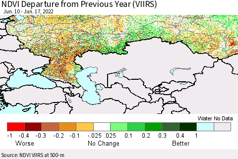 Russian Federation NDVI Departure from Previous Year (VIIRS) Thematic Map For 6/10/2022 - 6/17/2022
