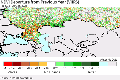 Russian Federation NDVI Departure from Previous Year (VIIRS) Thematic Map For 6/18/2022 - 6/25/2022