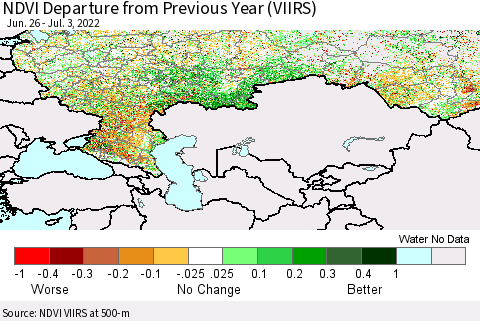 Russian Federation NDVI Departure from Previous Year (VIIRS) Thematic Map For 6/26/2022 - 7/3/2022