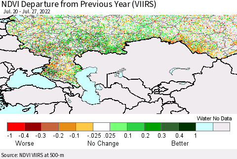 Russian Federation NDVI Departure from Previous Year (VIIRS) Thematic Map For 7/20/2022 - 7/27/2022