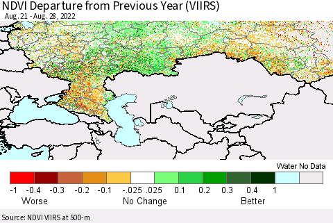 Russian Federation NDVI Departure from Previous Year (VIIRS) Thematic Map For 8/21/2022 - 8/28/2022