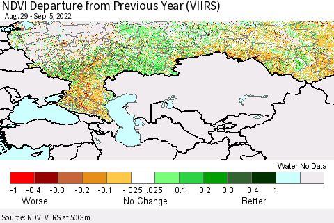 Russian Federation NDVI Departure from Previous Year (VIIRS) Thematic Map For 8/29/2022 - 9/5/2022