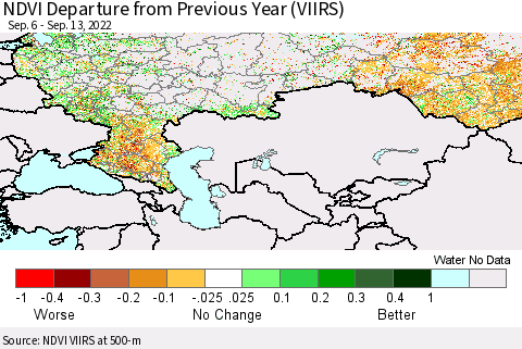 Russian Federation NDVI Departure from Previous Year (VIIRS) Thematic Map For 9/6/2022 - 9/13/2022