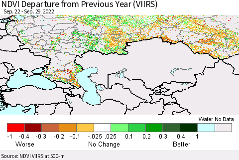 Russian Federation NDVI Departure from Previous Year (VIIRS) Thematic Map For 9/22/2022 - 9/29/2022