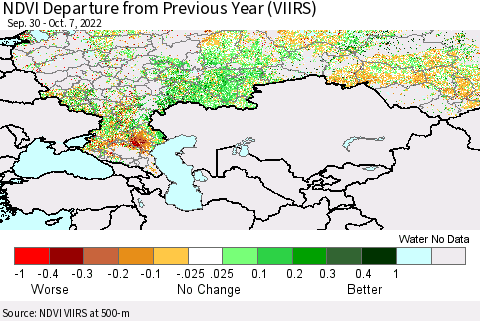 Russian Federation NDVI Departure from Previous Year (VIIRS) Thematic Map For 9/30/2022 - 10/7/2022