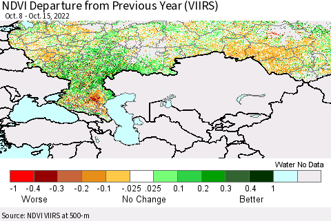 Russian Federation NDVI Departure from Previous Year (VIIRS) Thematic Map For 10/8/2022 - 10/15/2022