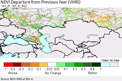 Russian Federation NDVI Departure from Previous Year (VIIRS) Thematic Map For 10/24/2022 - 10/31/2022