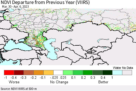 Russian Federation NDVI Departure from Previous Year (VIIRS) Thematic Map For 3/30/2023 - 4/6/2023