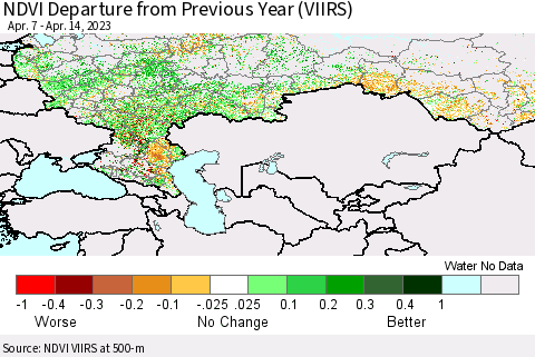 Russian Federation NDVI Departure from Previous Year (VIIRS) Thematic Map For 4/7/2023 - 4/14/2023