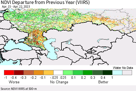 Russian Federation NDVI Departure from Previous Year (VIIRS) Thematic Map For 4/15/2023 - 4/22/2023