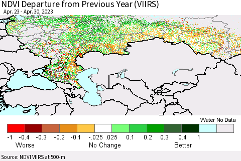Russian Federation NDVI Departure from Previous Year (VIIRS) Thematic Map For 4/23/2023 - 4/30/2023