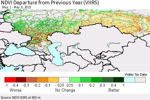 Russian Federation NDVI Departure from Previous Year (VIIRS) Thematic Map For 5/1/2023 - 5/8/2023
