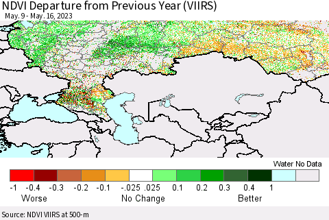 Russian Federation NDVI Departure from Previous Year (VIIRS) Thematic Map For 5/9/2023 - 5/16/2023