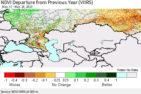 Russian Federation NDVI Departure from Previous Year (VIIRS) Thematic Map For 5/17/2023 - 5/24/2023