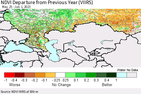 Russian Federation NDVI Departure from Previous Year (VIIRS) Thematic Map For 5/25/2023 - 6/1/2023