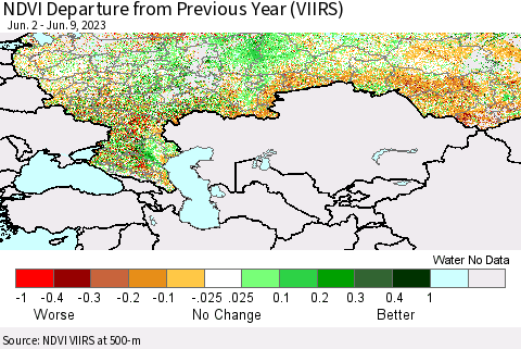 Russian Federation NDVI Departure from Previous Year (VIIRS) Thematic Map For 6/2/2023 - 6/9/2023