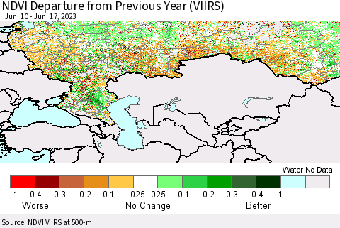 Russian Federation NDVI Departure from Previous Year (VIIRS) Thematic Map For 6/10/2023 - 6/17/2023