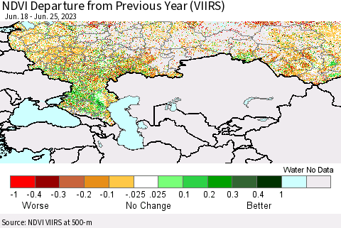 Russian Federation NDVI Departure from Previous Year (VIIRS) Thematic Map For 6/18/2023 - 6/25/2023