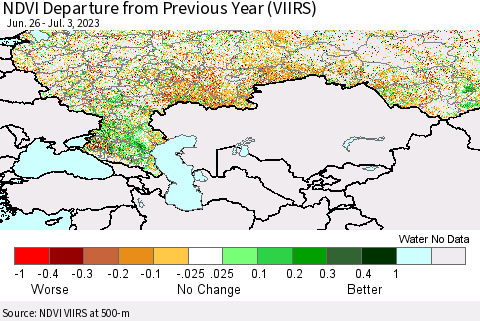 Russian Federation NDVI Departure from Previous Year (VIIRS) Thematic Map For 6/26/2023 - 7/3/2023