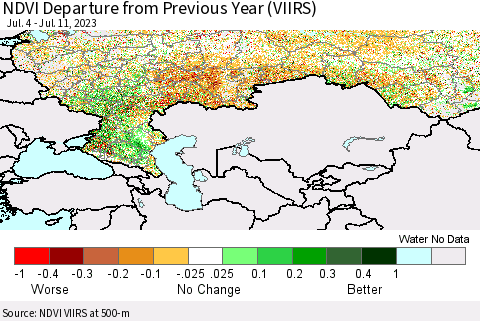 Russian Federation NDVI Departure from Previous Year (VIIRS) Thematic Map For 7/4/2023 - 7/11/2023