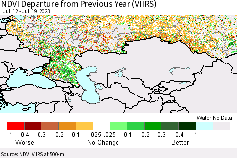 Russian Federation NDVI Departure from Previous Year (VIIRS) Thematic Map For 7/12/2023 - 7/19/2023