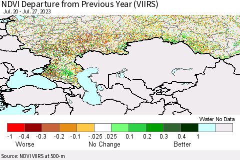 Russian Federation NDVI Departure from Previous Year (VIIRS) Thematic Map For 7/20/2023 - 7/27/2023