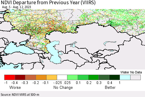 Russian Federation NDVI Departure from Previous Year (VIIRS) Thematic Map For 8/5/2023 - 8/12/2023